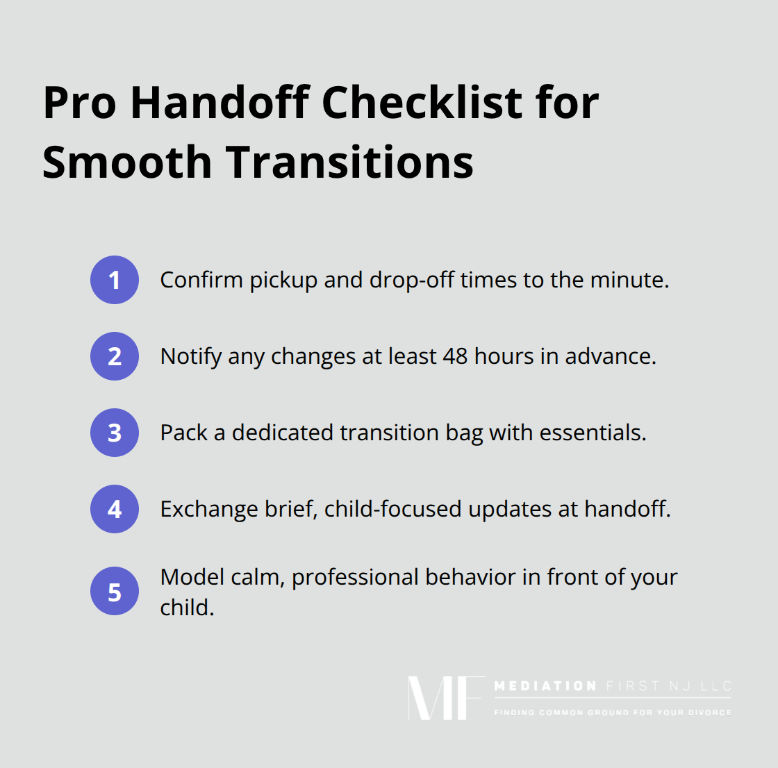 Compact checklist of best practices for child handoffs between homes.