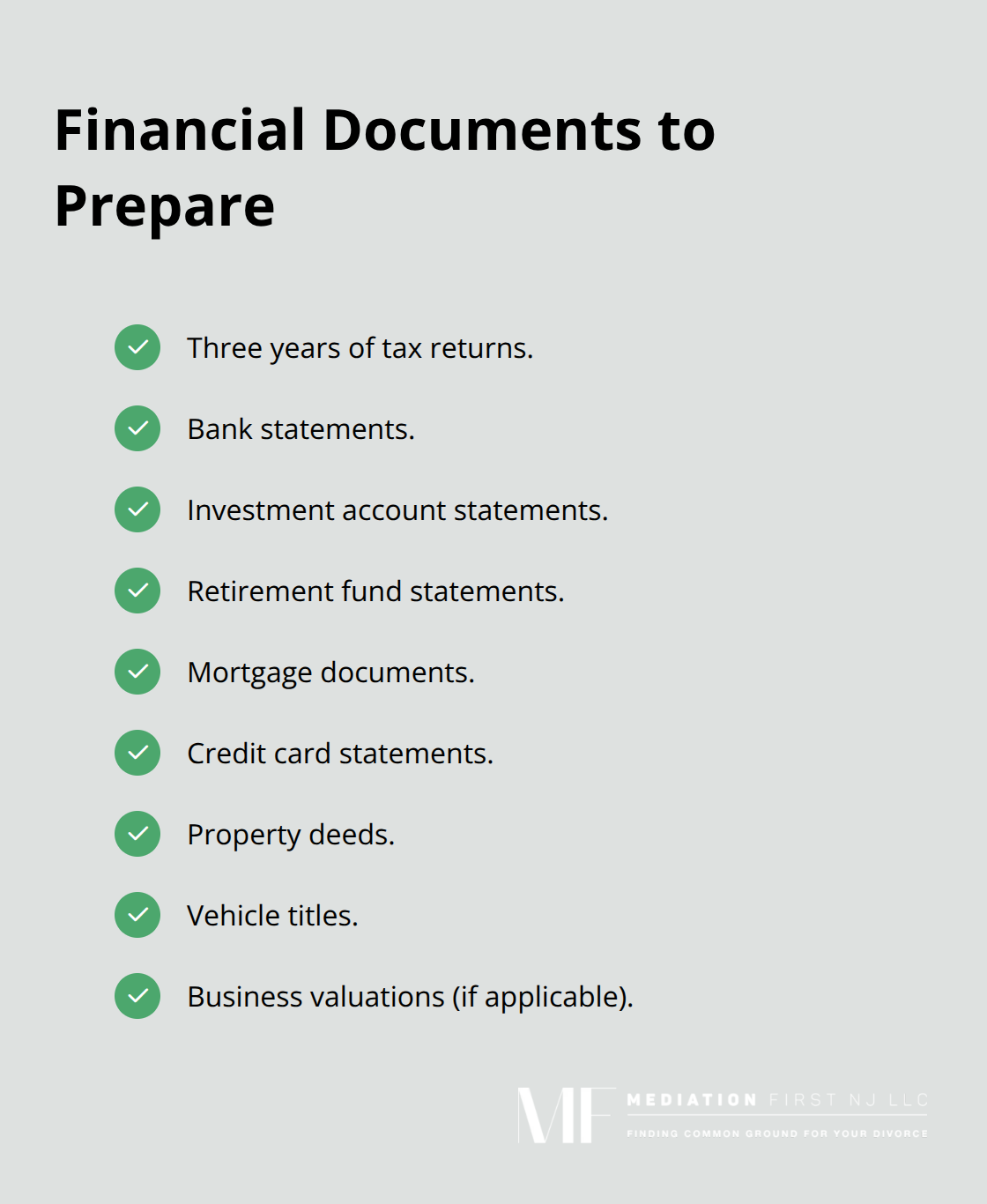 Checklist of financial documents to gather before divorce mediation in New Jersey
