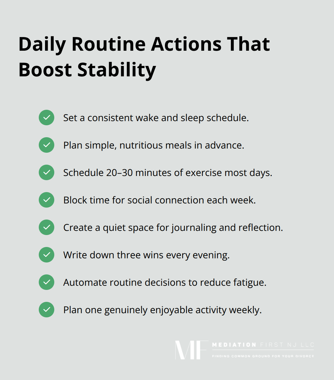 Checklist of practical daily routine steps to support emotional recovery after divorce.