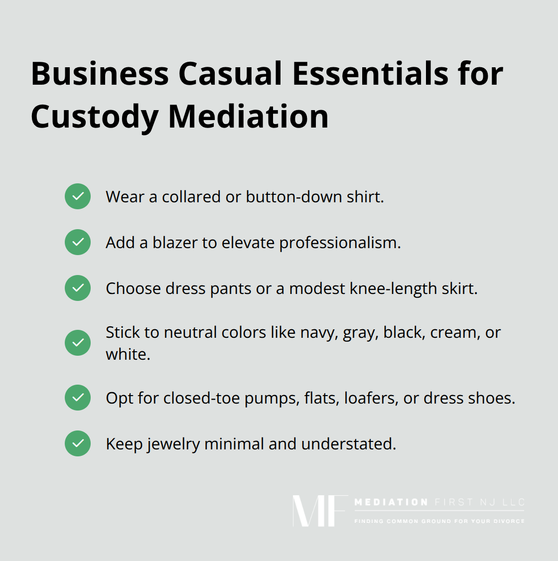 Checklist of appropriate clothing items for mediation - how to dress for custody mediation