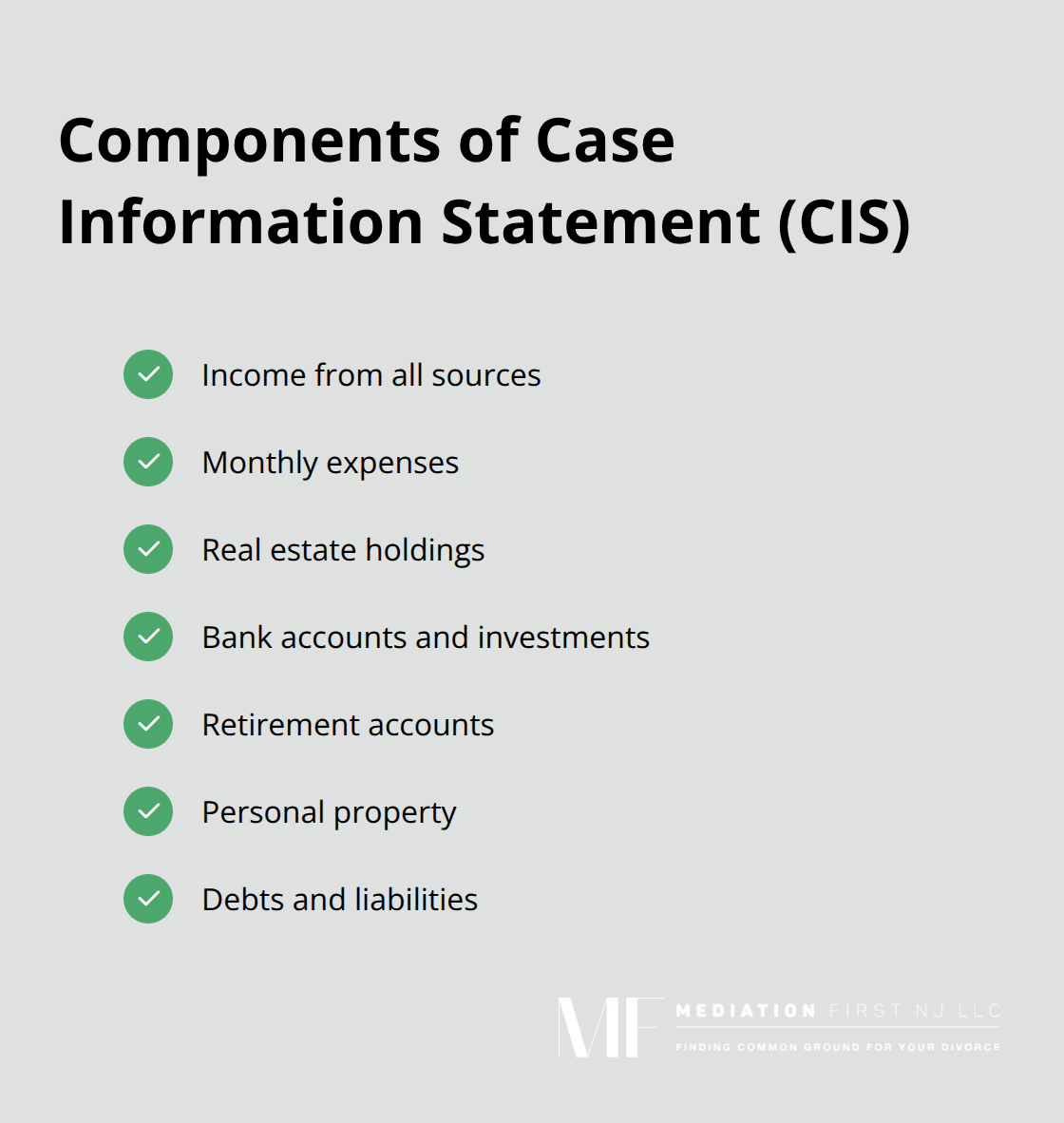 A checklist of items included in the Case Information Statement for New Jersey divorces.