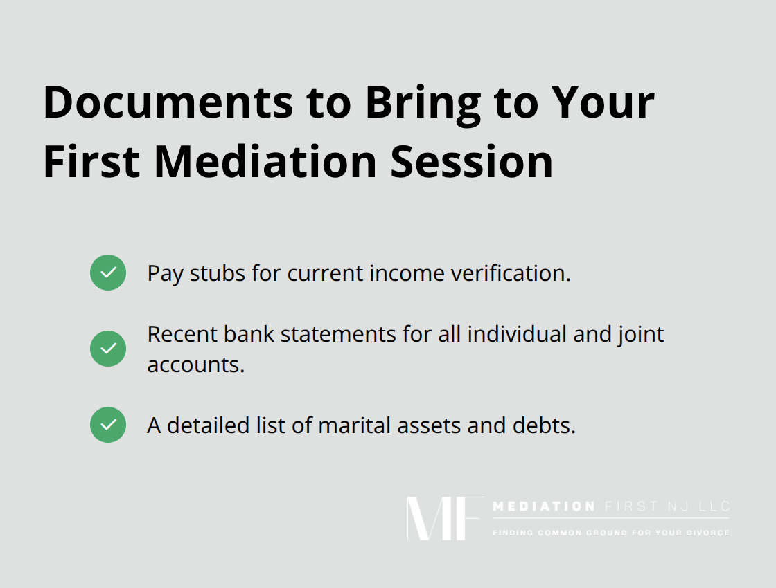 Checklist of documents to bring to your first divorce mediation session in New Jersey - what happens during mediation in a divorce