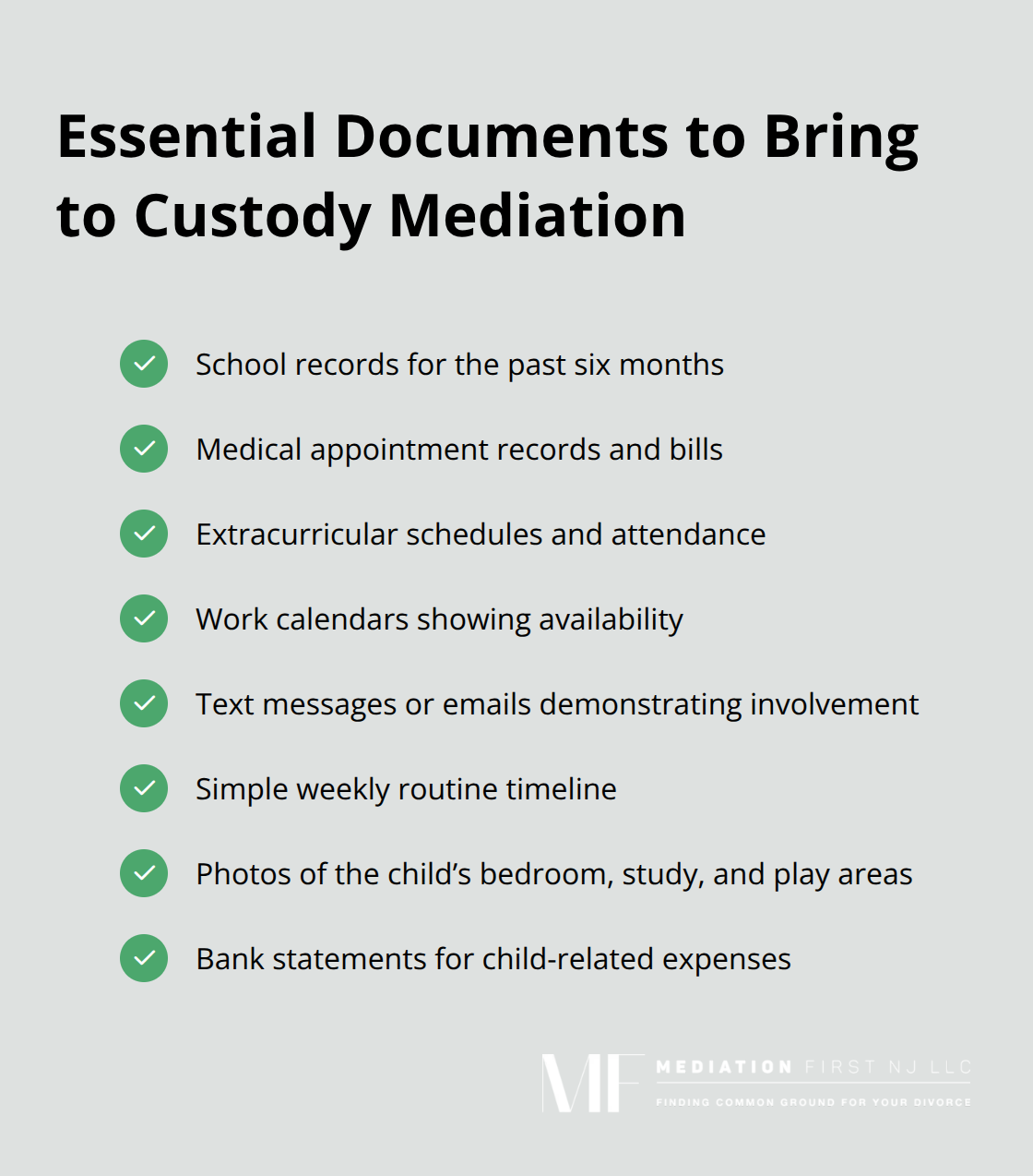 Checklist of documents parents should bring to custody mediation in the United States - what to say in custody mediation